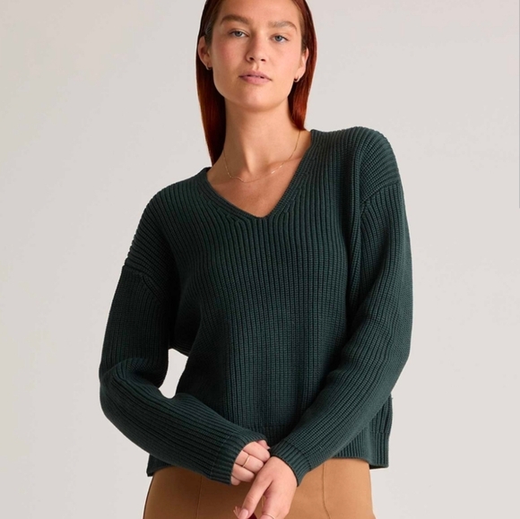 Quince Sweaters - QUINCE 100% Organic Cotton Fisherman V-Neck Sweater Green Cropped Fall Sz Small